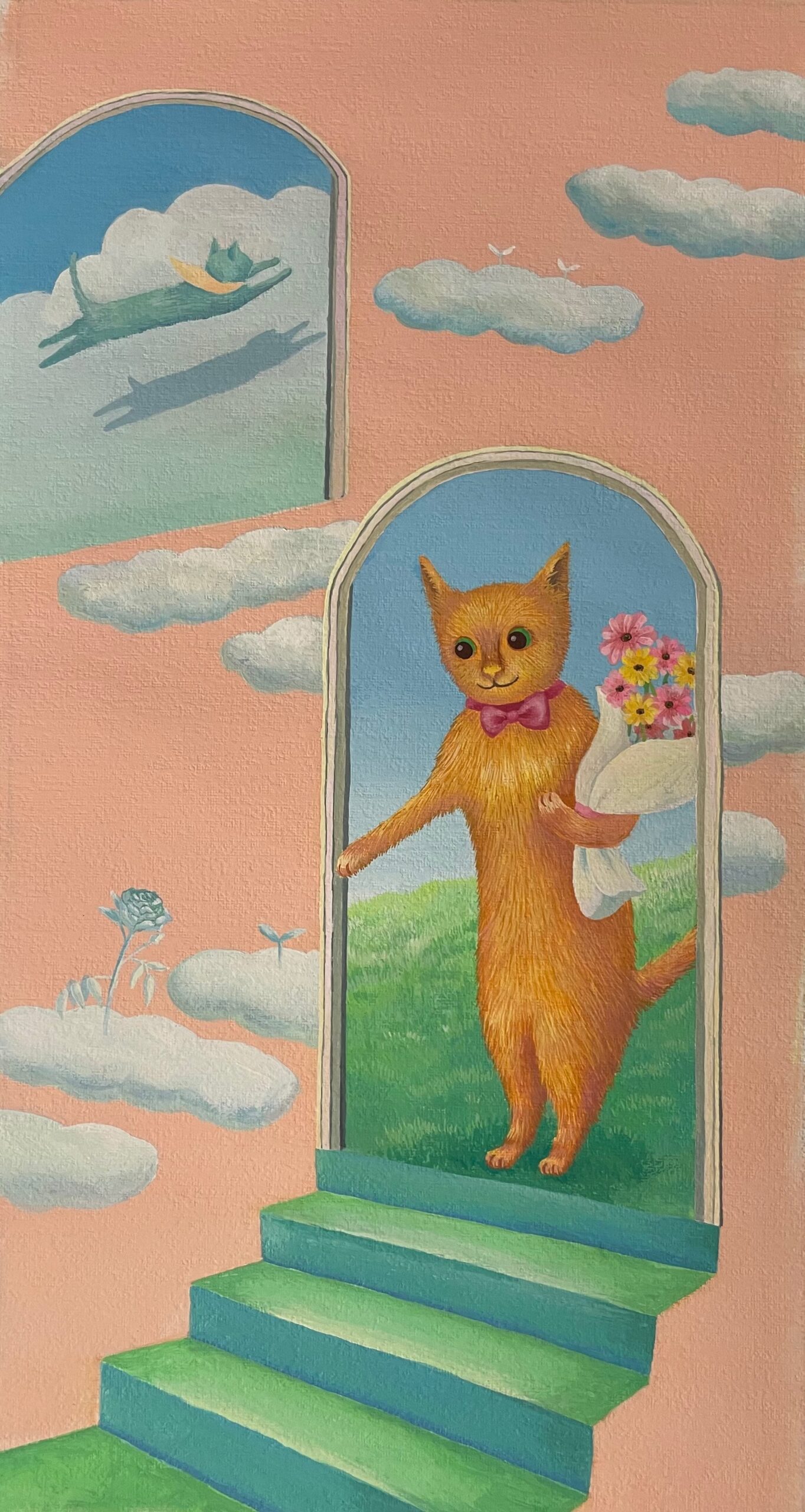 「猫とインコとイングリッシュコッカーのいる寝室」 アクリル画 原画 F8 猫とインコとイングリッシュコッカーのいる寝室」アクリル画